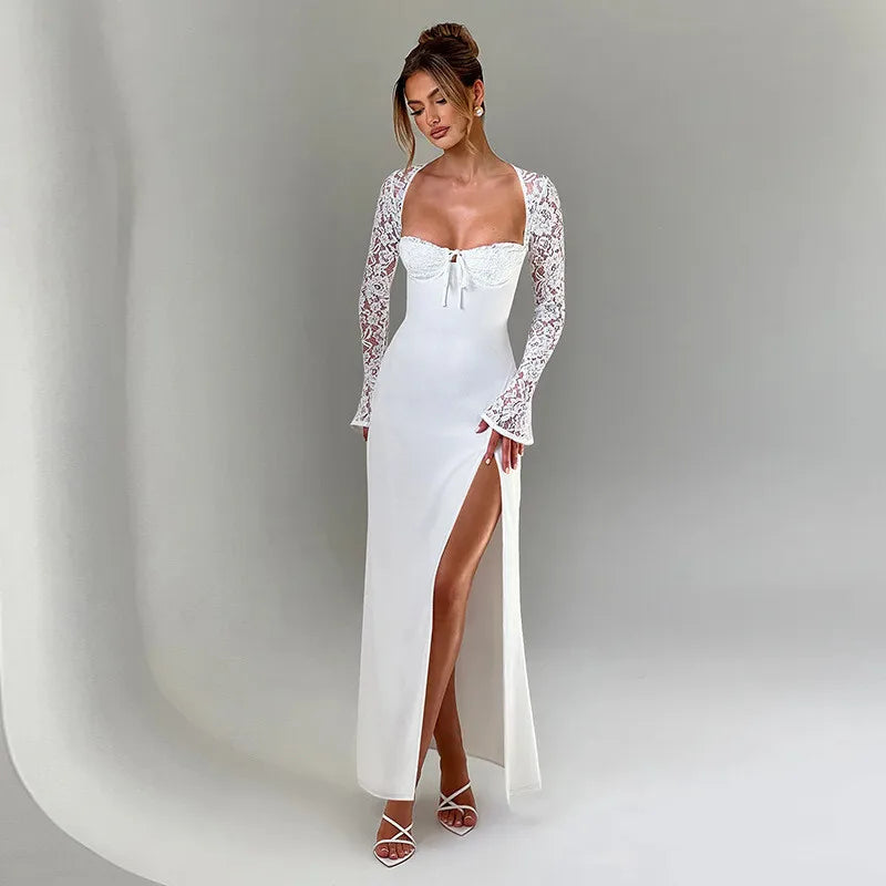 Maxi Dress with Slit and Lace Sleeves - Clarissa