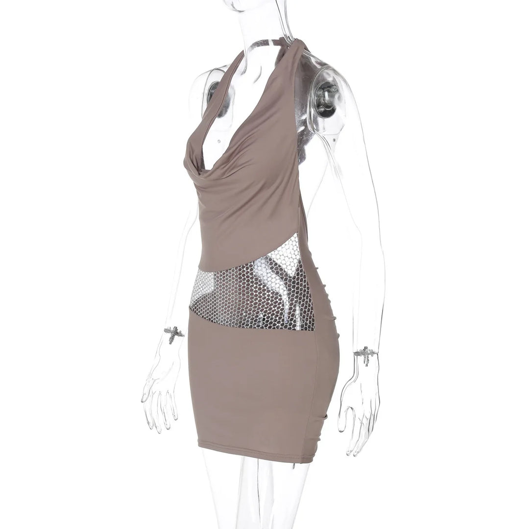 Mini Dress with Dropped Collar, Mesh, Sparkling Sequins, Ruching on Hips, and Neck Tie - Linda