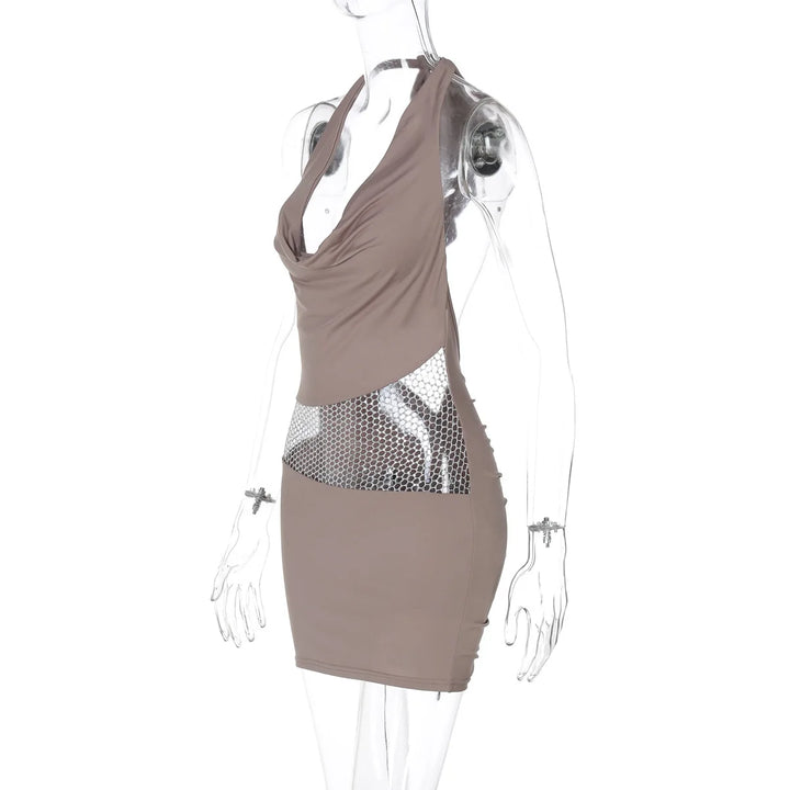 Mini Dress with Dropped Collar, Mesh, Sparkling Sequins, Ruching on Hips, and Neck Tie - Linda