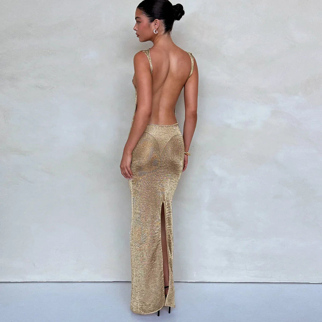 Fitted knitted sequin maxi dress with open back - Emerald