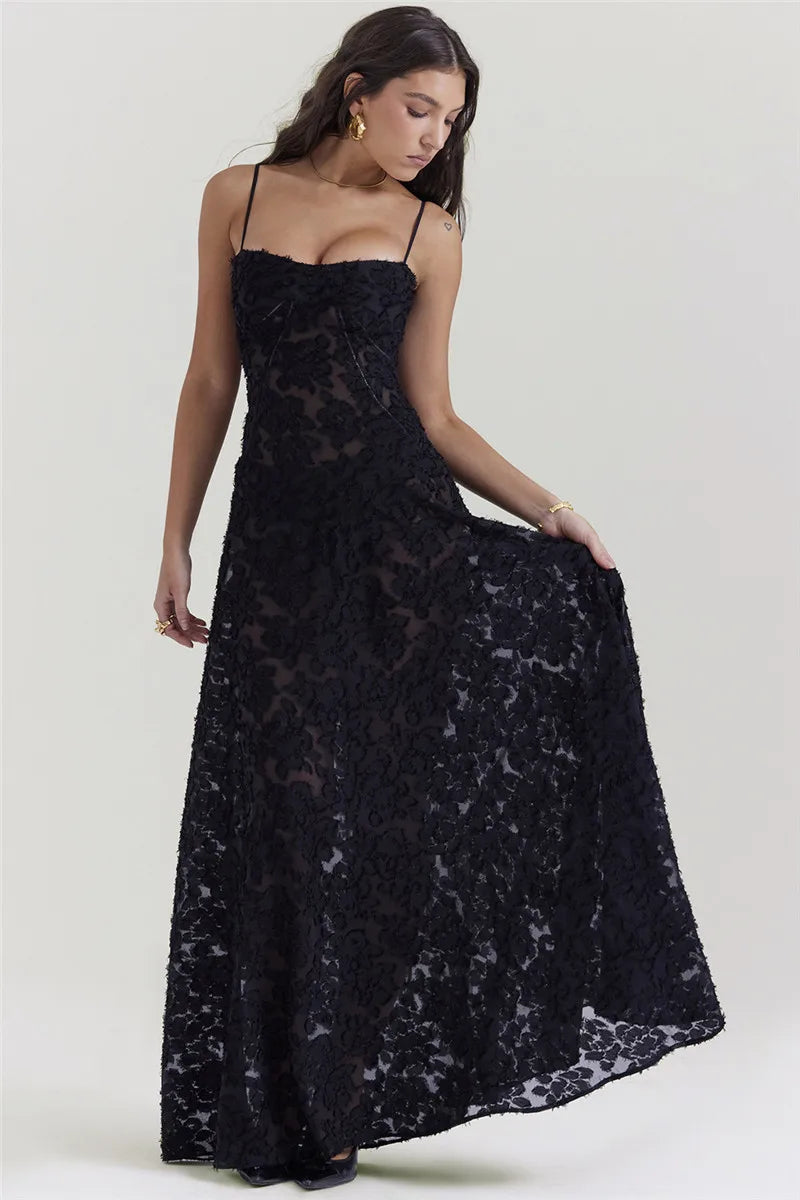 Maxi Dress with Floral Embroidery, Back Tie for Waist Fit - Millie