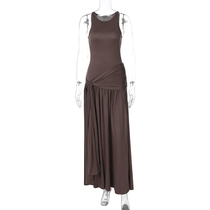 Maxi dress with pleats and tie boho chic design - Dalila