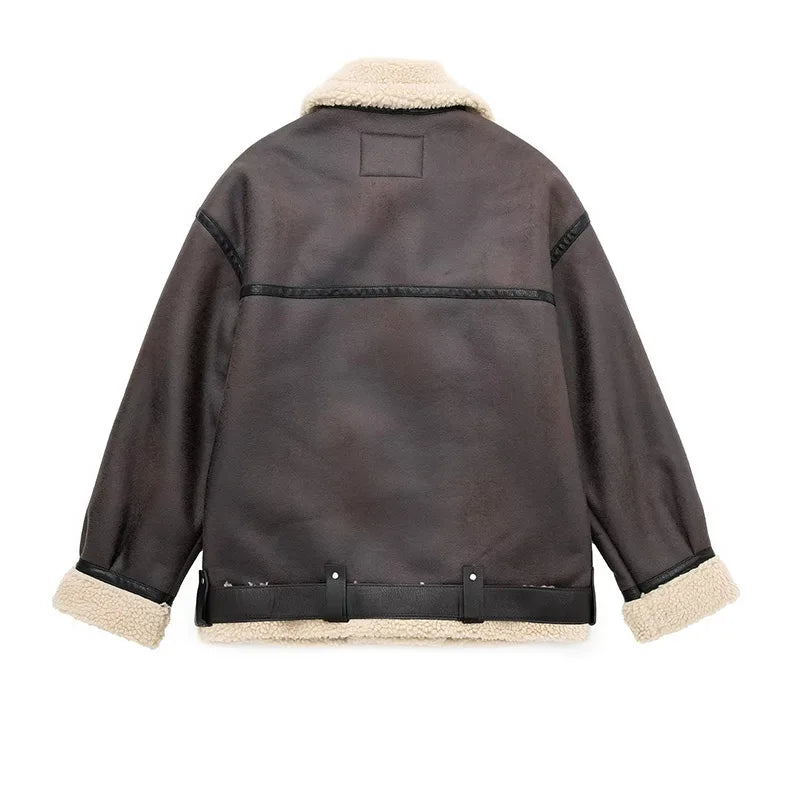 Oversized Leather Coat with Fur Lining - Kaya