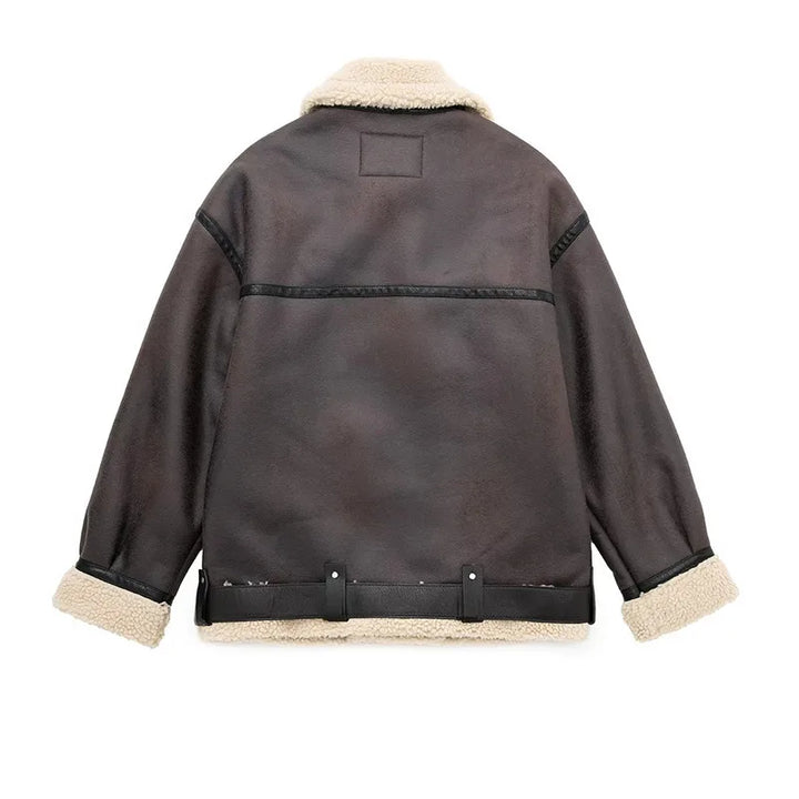 Oversized Leather Coat with Fur Lining - Kaya