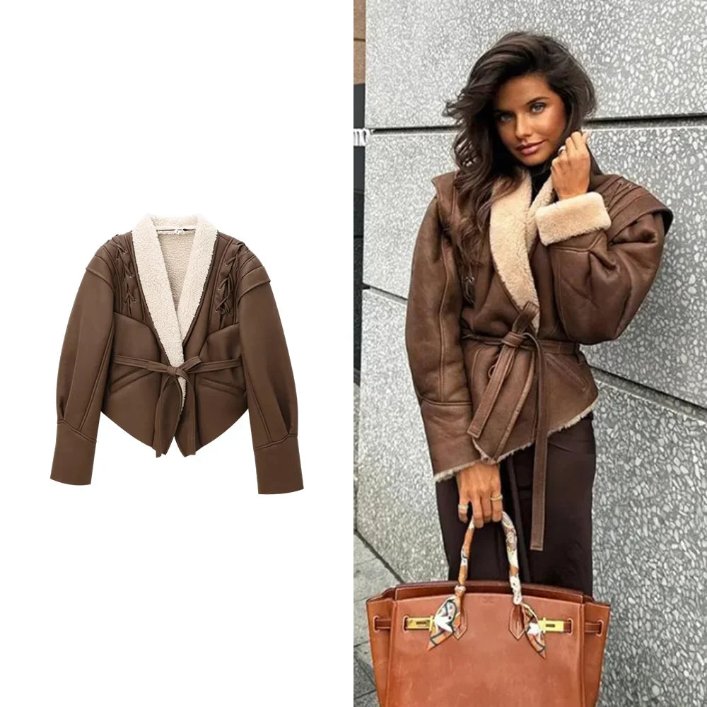 Leather coat with inner fur and belt tie design - Moran