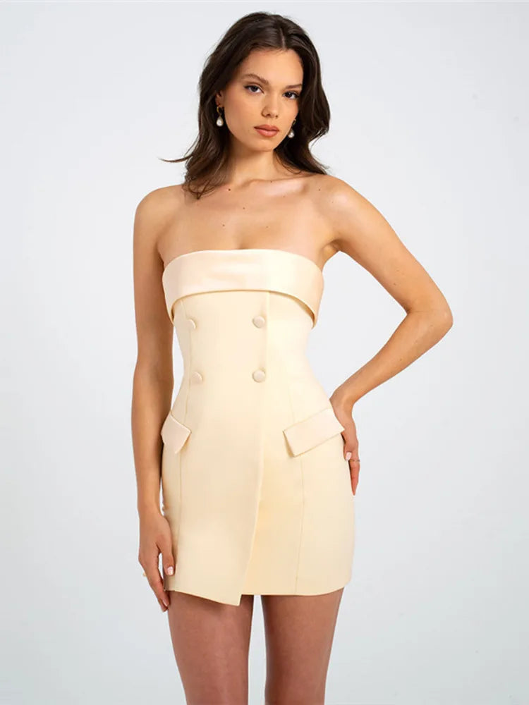 Strapless Mini Dress with Button and Faux Pocket Detail - Bonnie