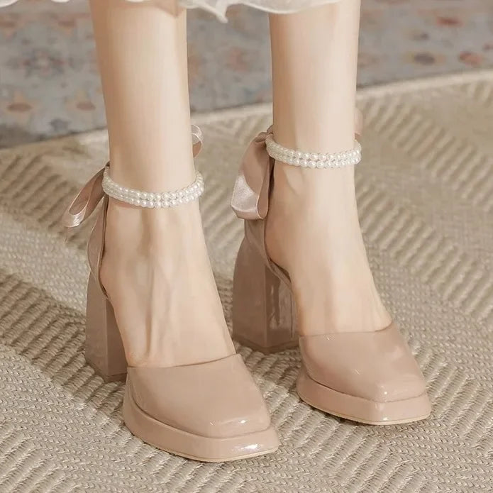 Shiny Faux Leather High Heels with Pearl and Bow Decoration - Vivian