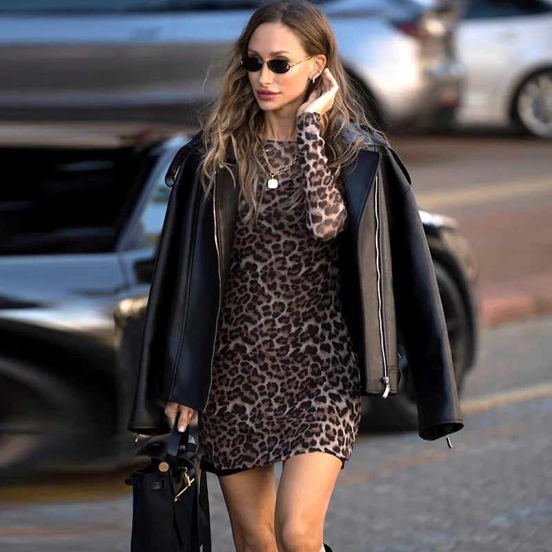 Leopard Chiffon Mini Dress with Opaque Hem - LEO