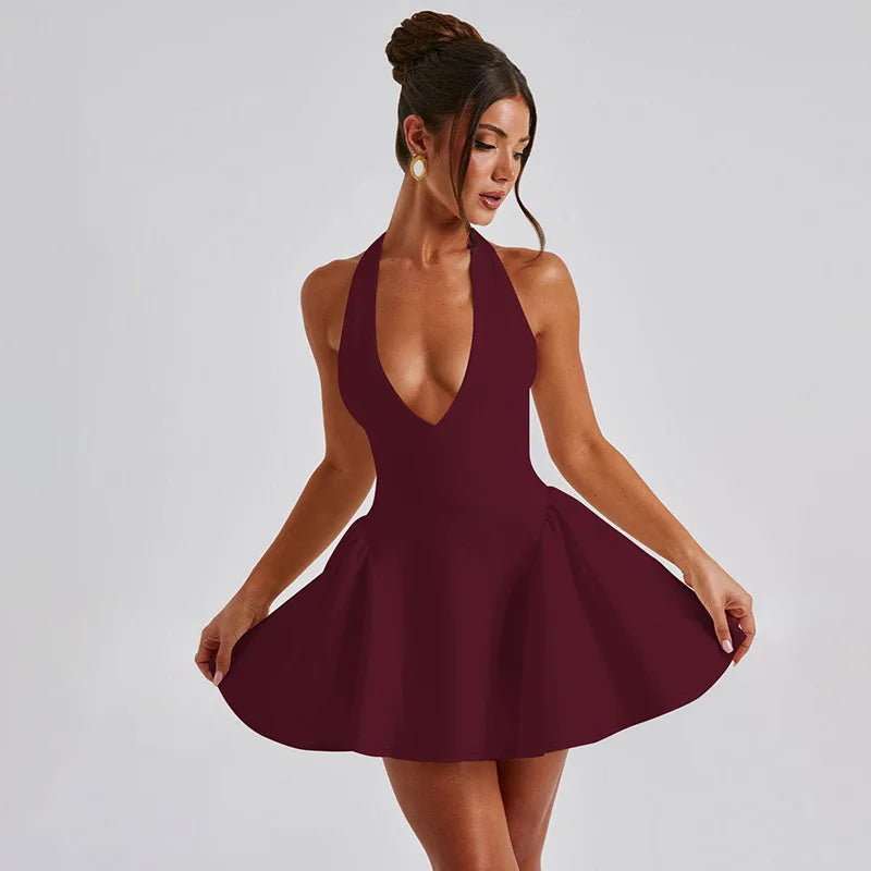 Mini A-line dress with V-neck and neck tie - Yolanda