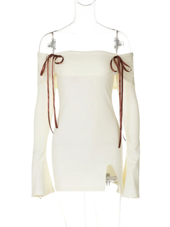 Knitted mini dress with off-shoulder and bow ribbon decoration - Yanga