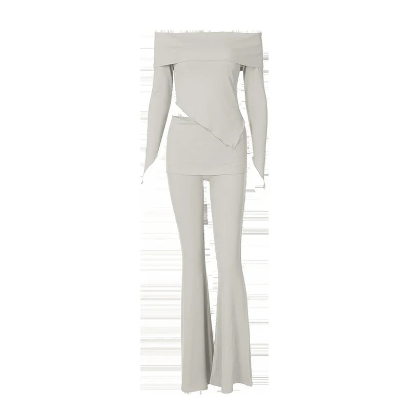 Two-piece knitted set with asymmetrical off-shoulder top and long pants - ROZIE