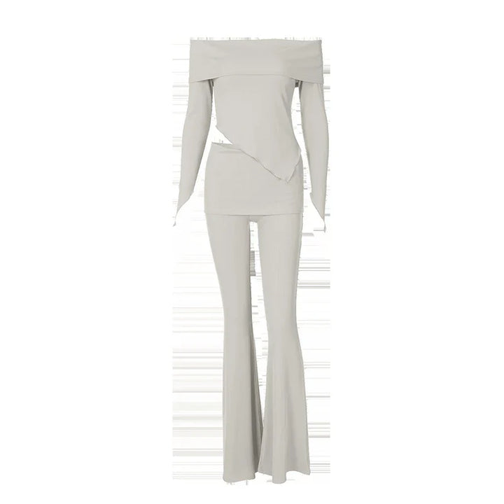 Two-piece knitted set with asymmetrical off-shoulder top and long pants - ROZIE
