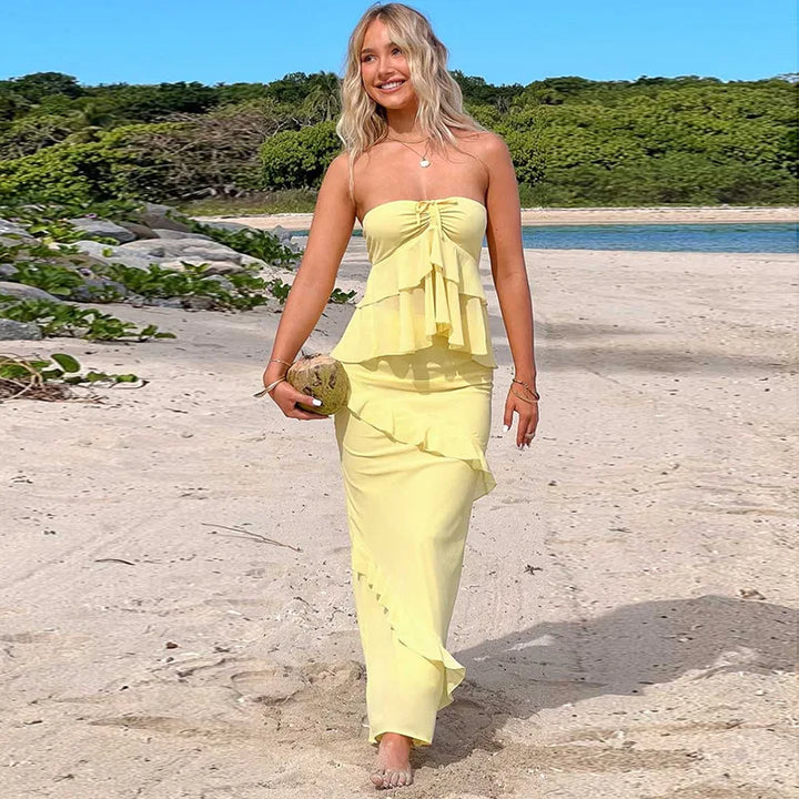 Two-Piece Set with Strapless Top and Maxi Skirt with Ruffle Detail - Sunny