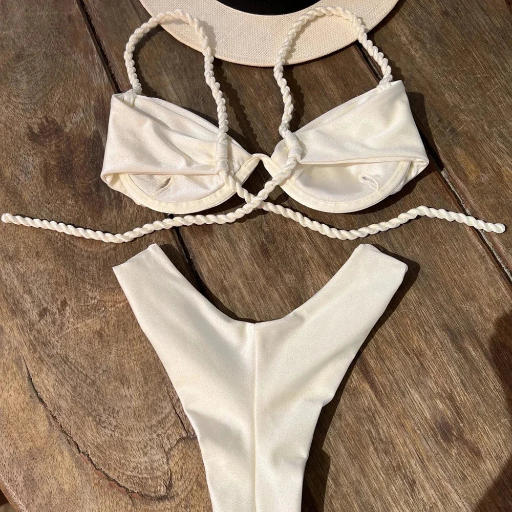 Bikini with Braided Strap Design and High-Waist Bottom - Emma