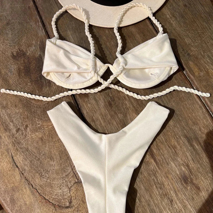 Bikini with Braided Strap Design and High-Waist Bottom - Emma