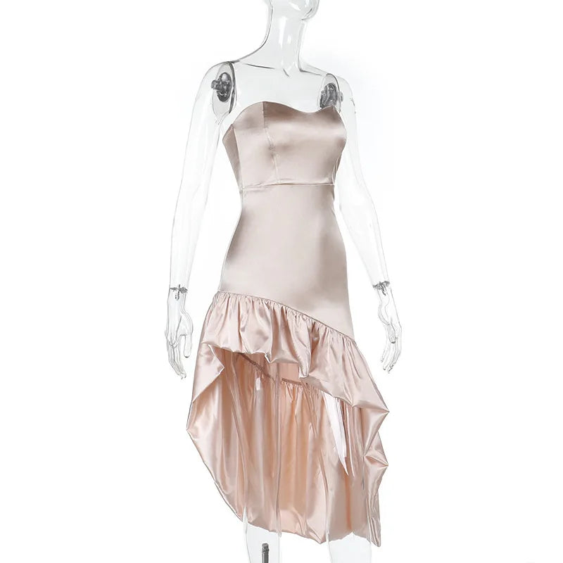Mini Strapless Satin Ruffle Dress with Asymmetric Design - Lolita
