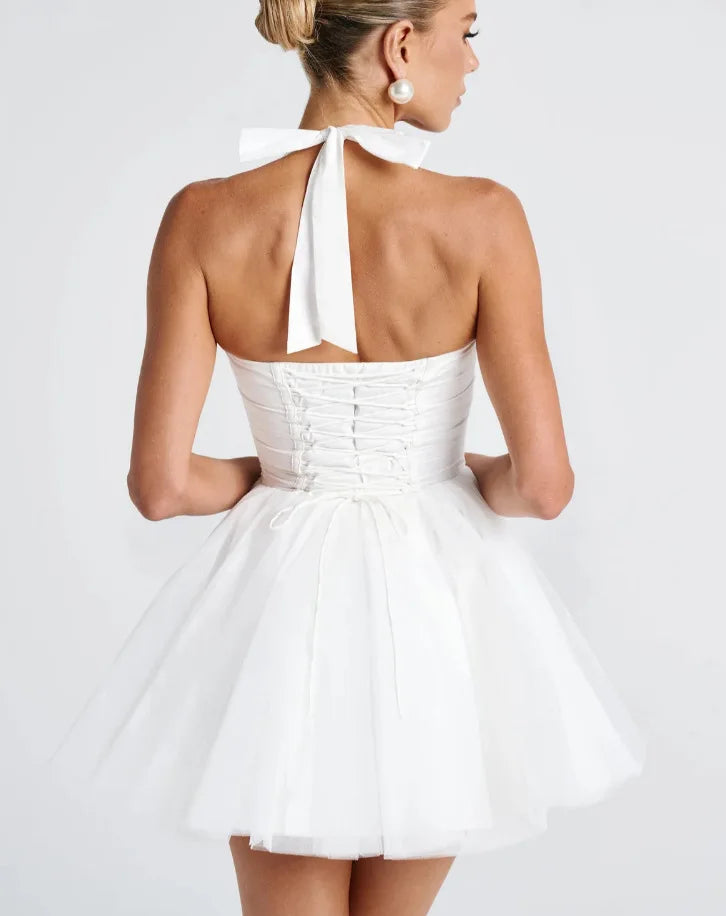 Ballerina mini dress in A-line cut with corset and tulle open back design - Mimi
