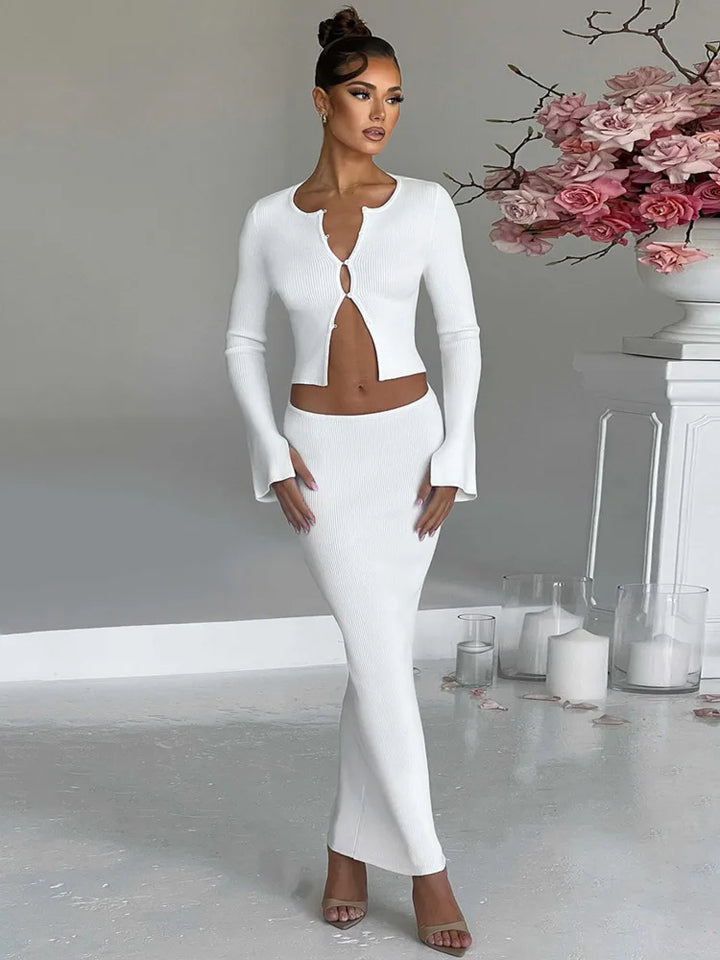 Knitted two-piece set: button-up shirt and fitted maxi skirt - MARIEL