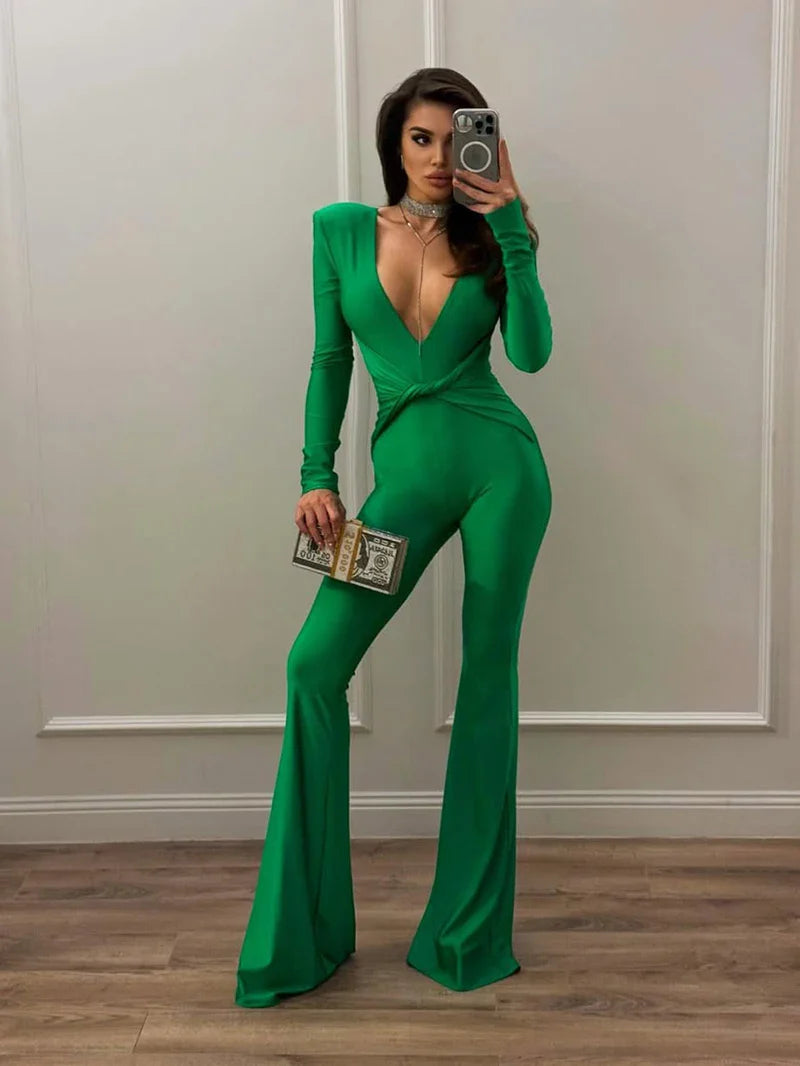 Fitted long jumpsuit with shaping fabric, deep V neckline, and cross decoration - Laini