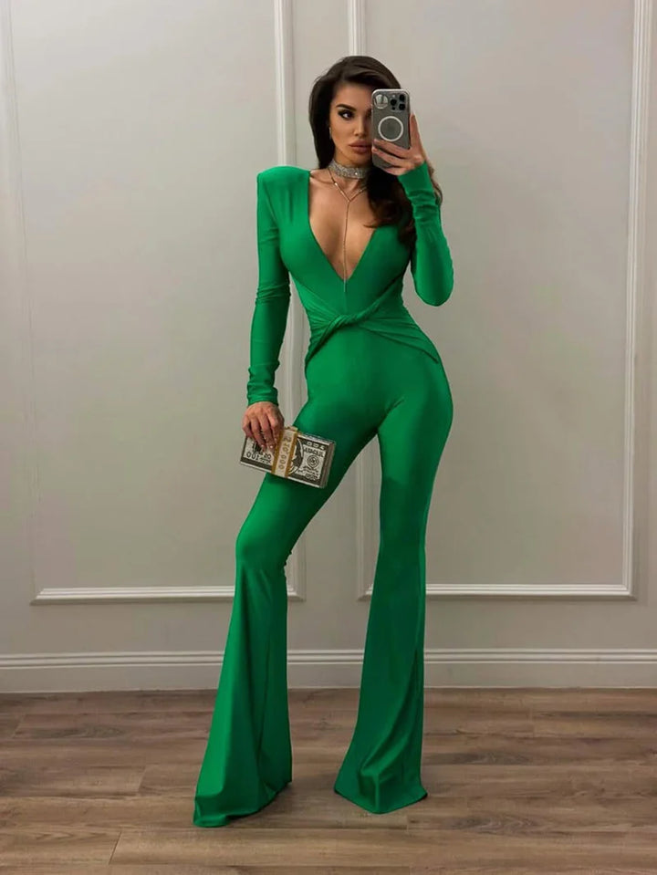 Fitted long jumpsuit with shaping fabric, deep V neckline, and cross decoration - Laini