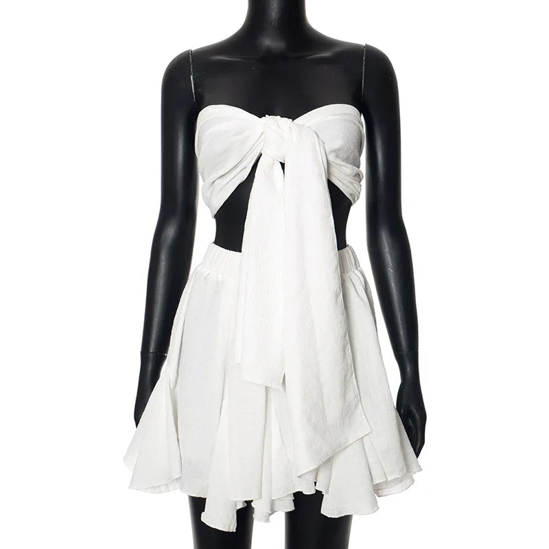 Two-Piece Linen Set with Strapless Tie Top and Ruffled Mini Skirt - Lola