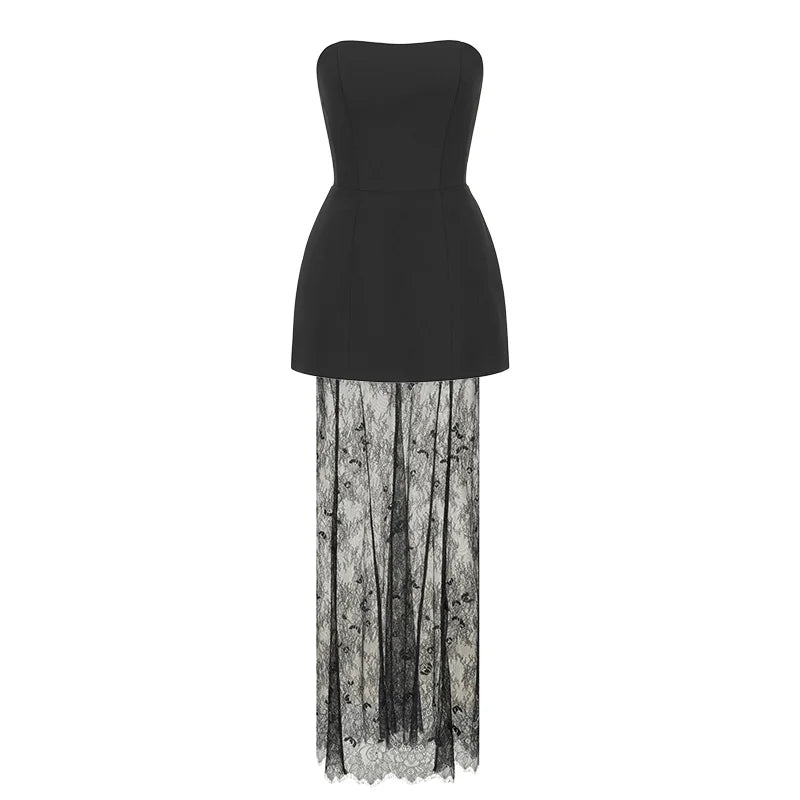 Elegant two-piece set strapless top and maxi lace skirt - Juline