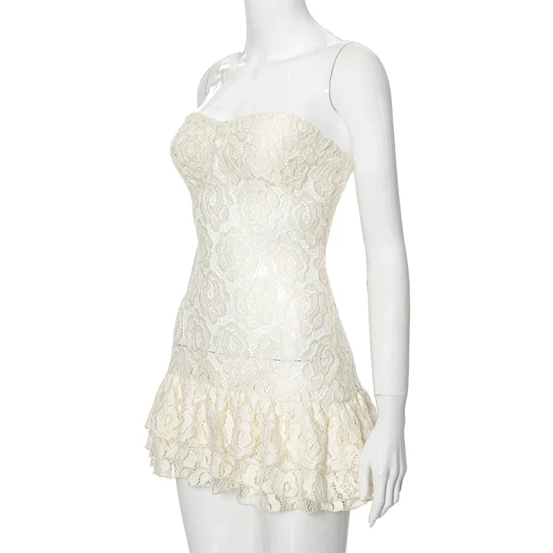Strapless Lace Mini Dress with Ruffle - Cecelia