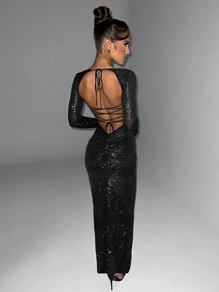 Sequin Maxi Dress with Slit and Open Back Tie Detail - Leila