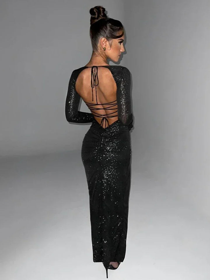 Sequin Maxi Dress with Slit and Open Back Tie Detail - Leila