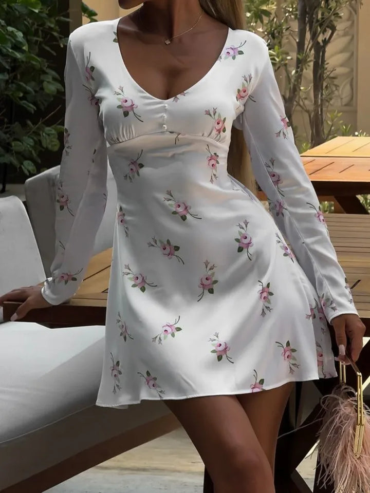 Satin Mini Dress with A-Line Cut and Floral Print Decoration - Ariya