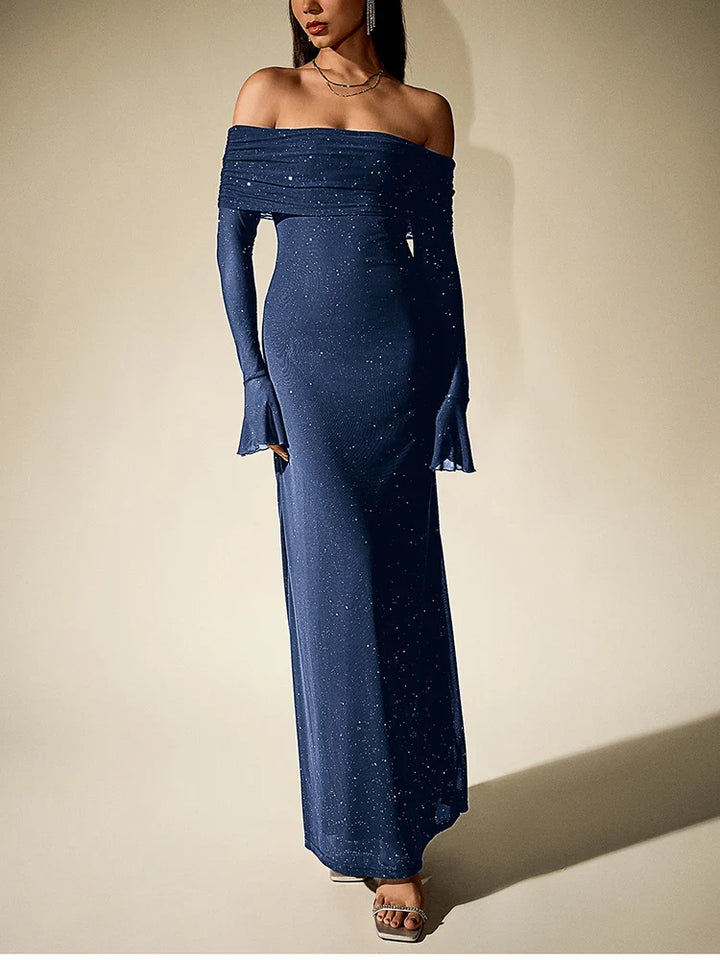 Sequin maxi dress with off-shoulder design and bell sleeves - Margarita