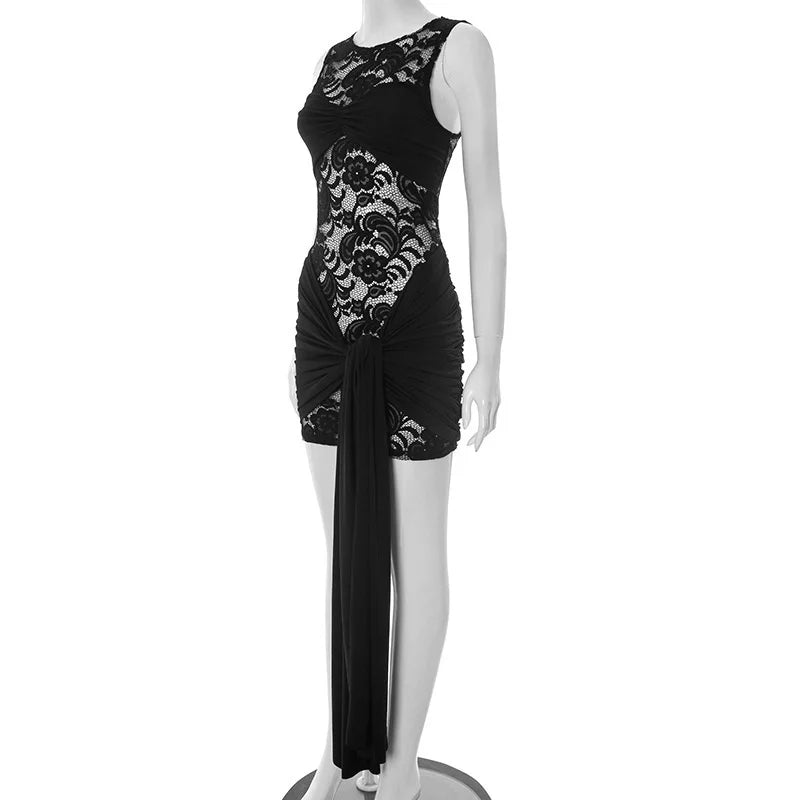 Lace mini dress decorated with trailing tie - Karin