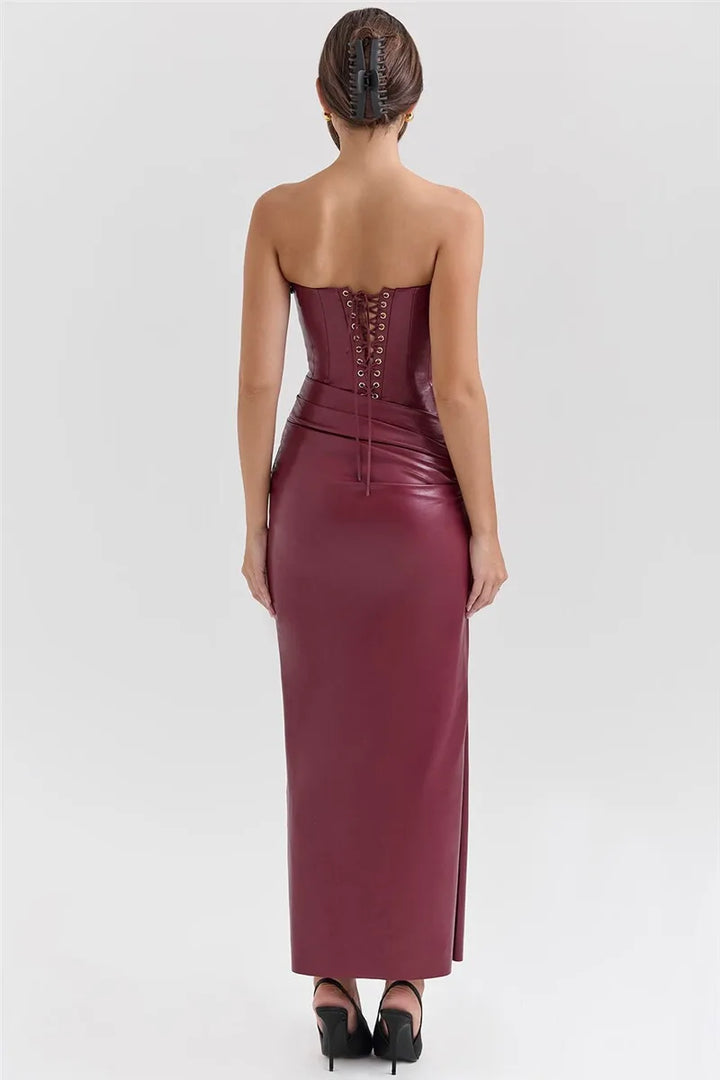Strapless faux leather maxi dress with ruching and slit design - Marian
