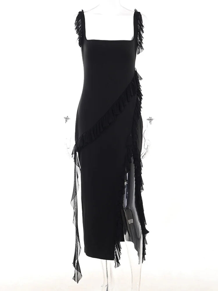 Maxi dress with ruffle decoration and slit design - Yahelia