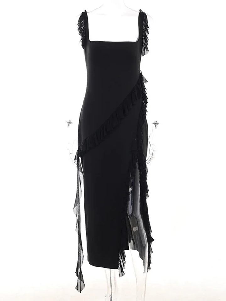 Maxi dress with ruffle decoration and slit design - Yahelia
