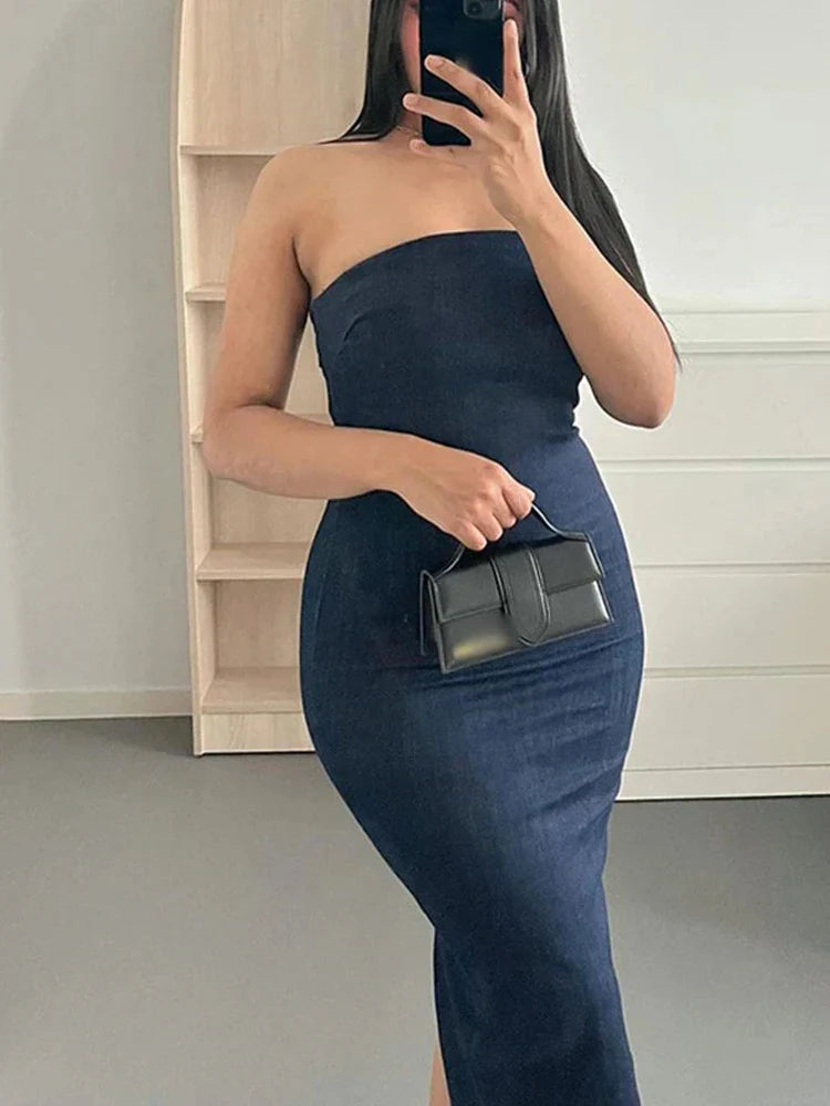 Fitted Strapless Denim Midi Dress - Richie