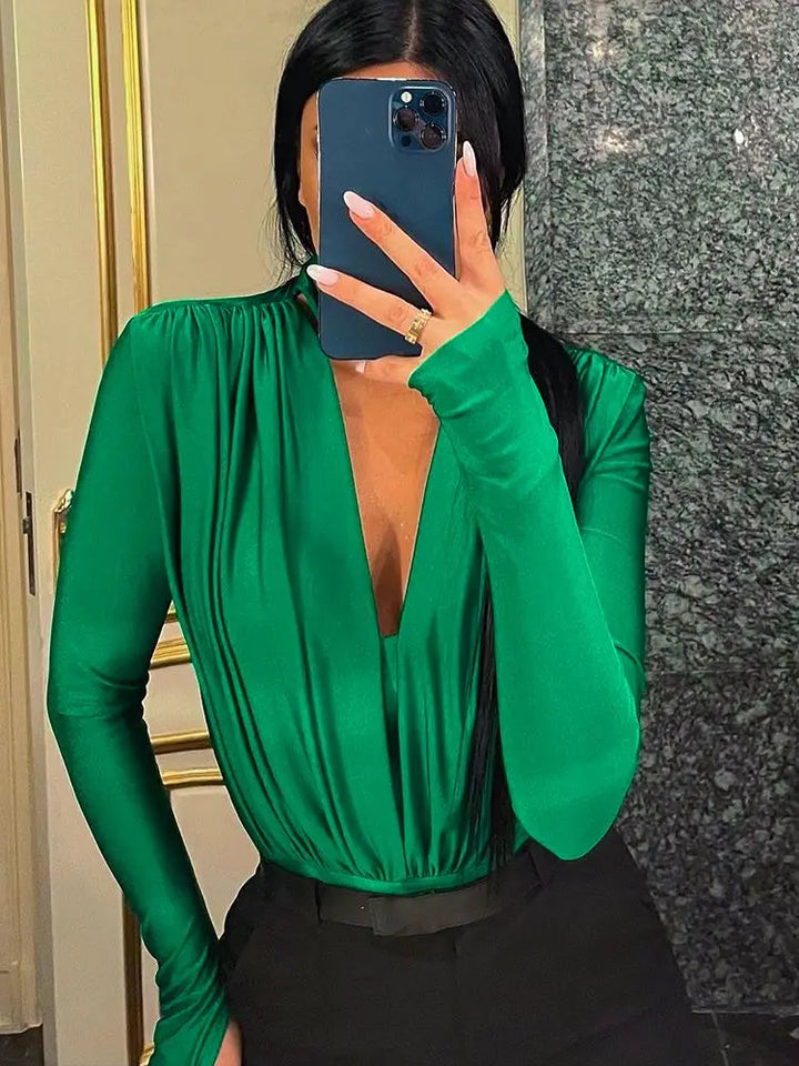 Bodysuit Top with Turtleneck and Deep Neckline - Minka