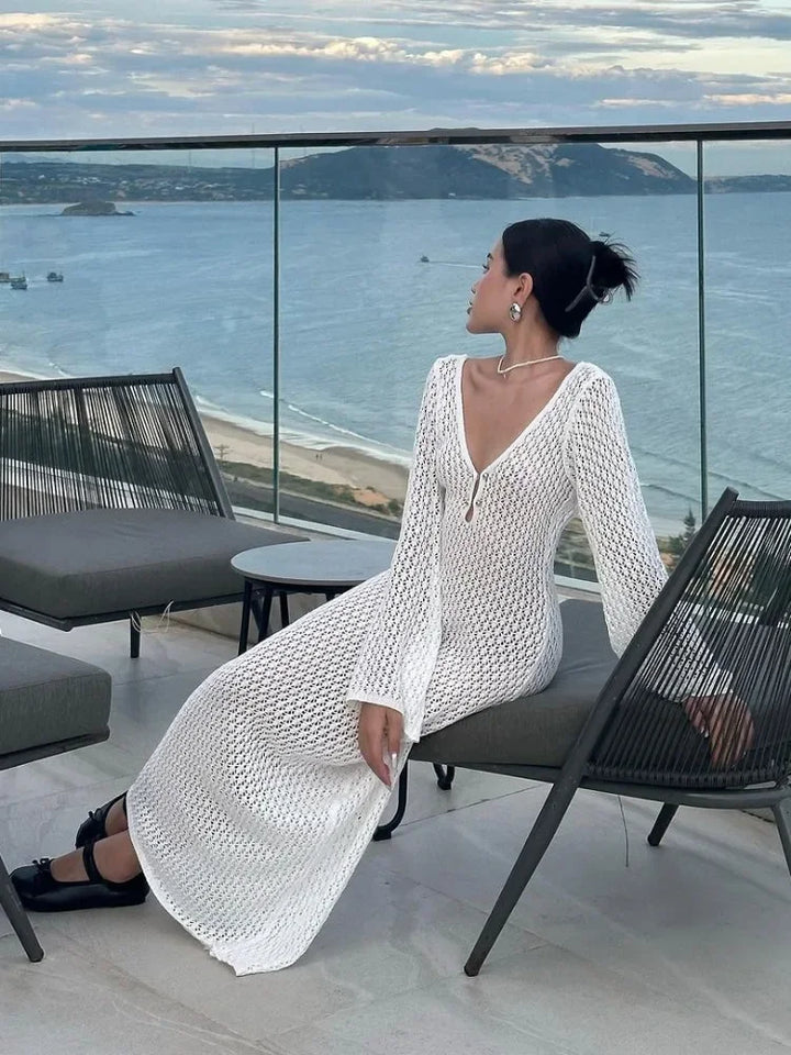 Knitted Maxi Beach Dress with Open Back and Pearl Pin Decoration - Lina