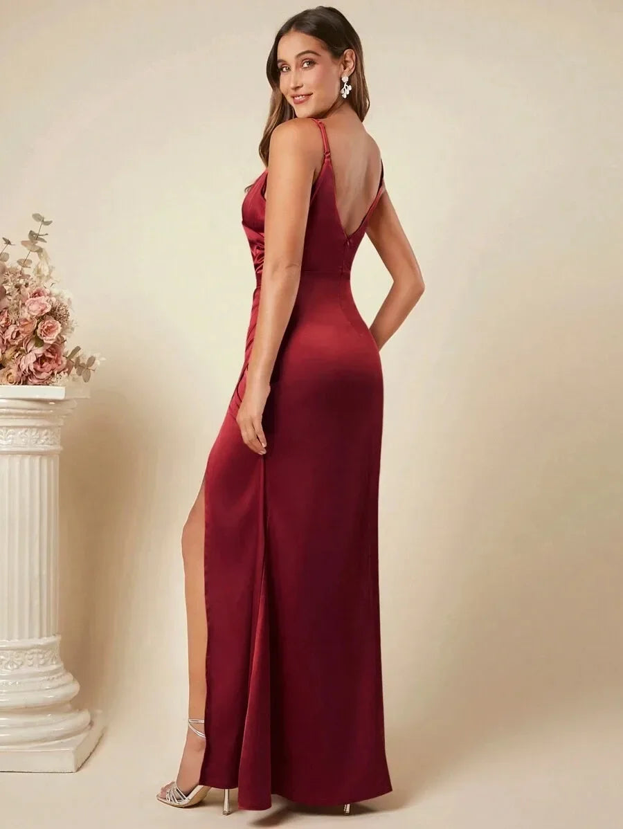 Elegant Maxi Satin Dress with Slit Detail - Reina
