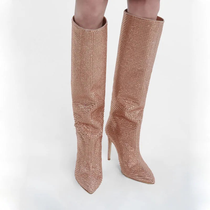 High Pointed Heel Boots with Sparkling Rhinestone Design - Josie