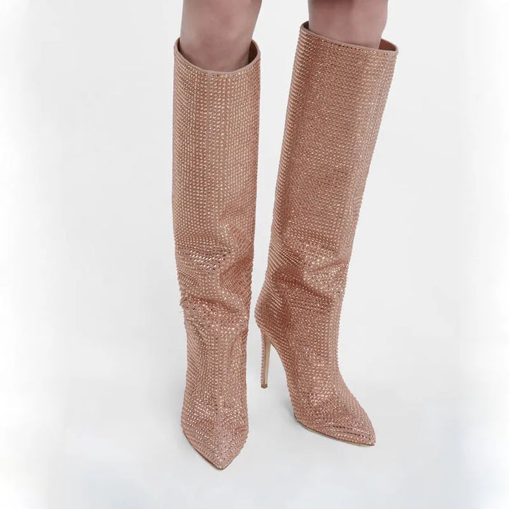 High Pointed Heel Boots with Sparkling Rhinestone Design - Josie