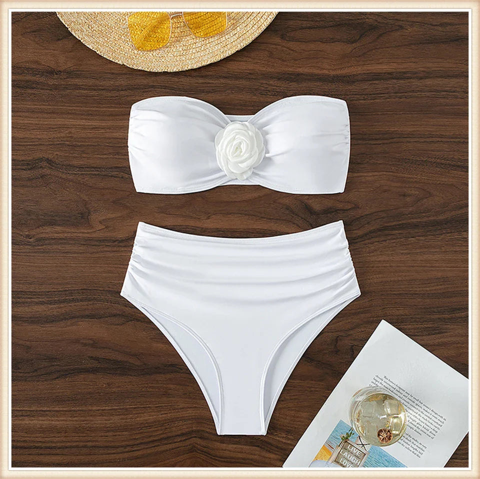 Strapless Bikini Top with Flower Decoration and High-Waist Shaping Bottom - Vanilla