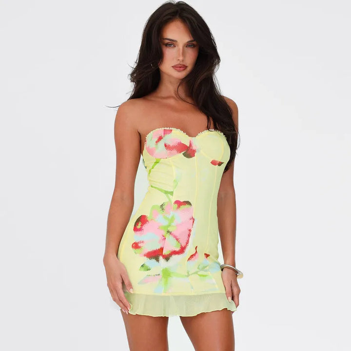 Floral Strapless Mini Dress with Ruffle Detail - Alexa