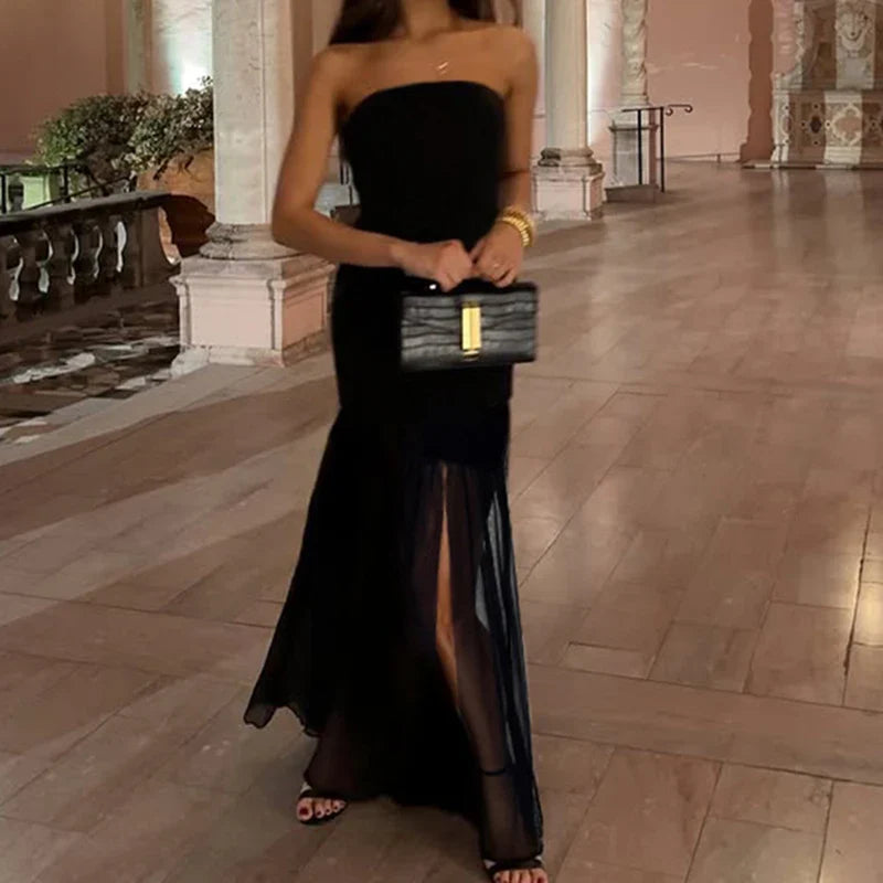 Strapless maxi dress with chiffon decoration and slit - Lettie
