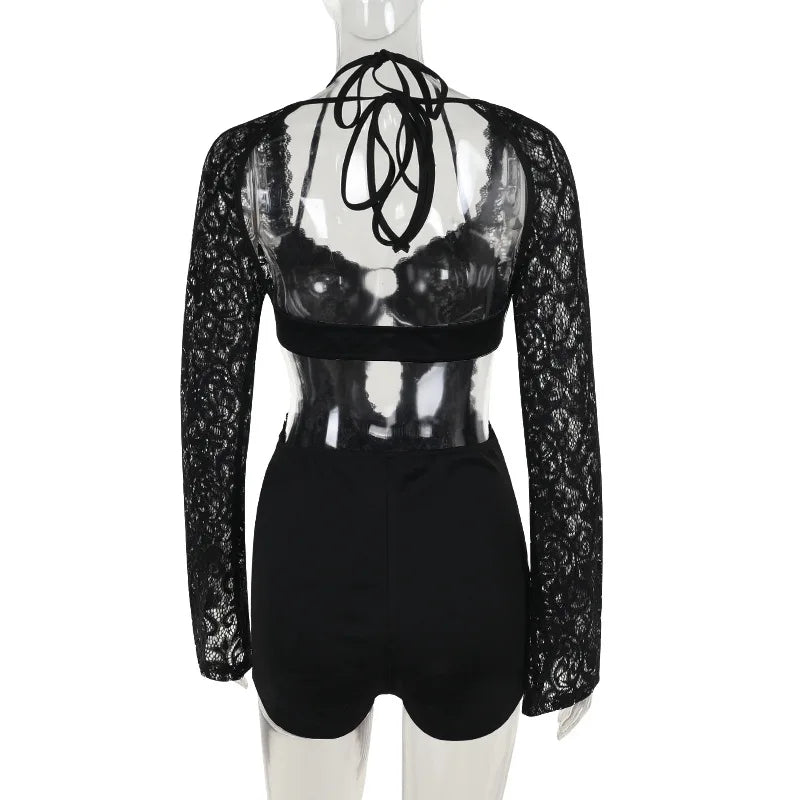 Short lace jumpsuit with long sleeves, hoop design, and open back - Hunter