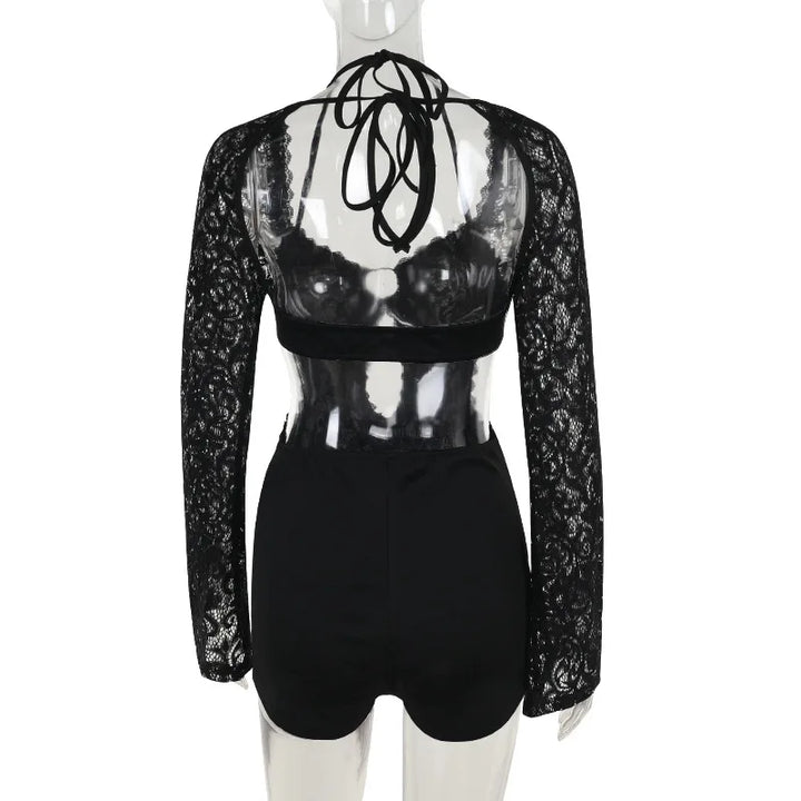 Short lace jumpsuit with long sleeves, hoop design, and open back - Hunter