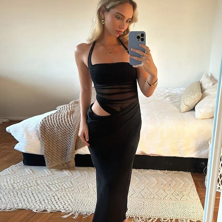 Satin Maxi Dress with Gathered Mesh Top and Open Back - Arya