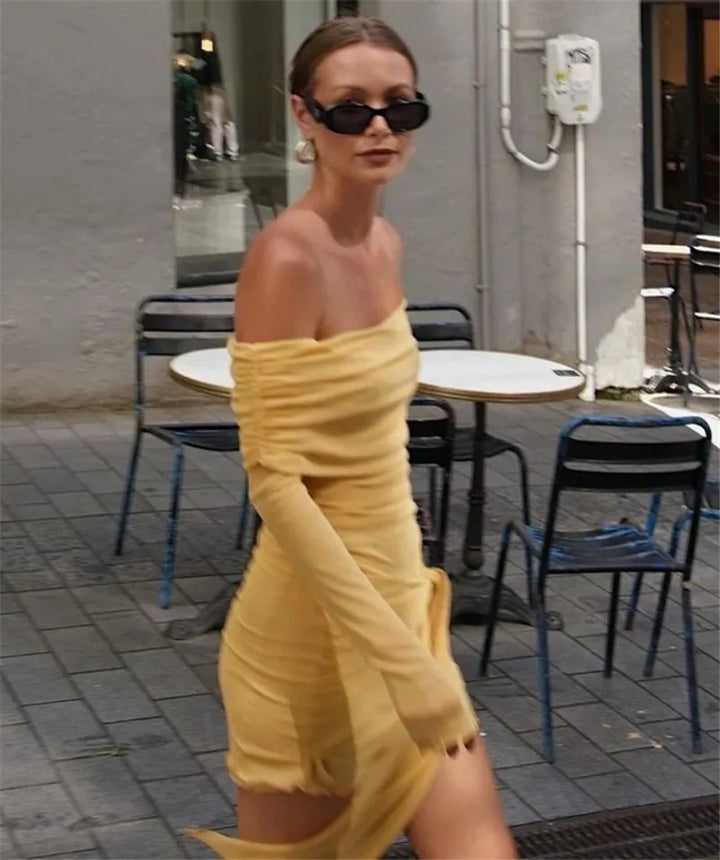 Chiffon mini dress with off-shoulder tie design - CAMI