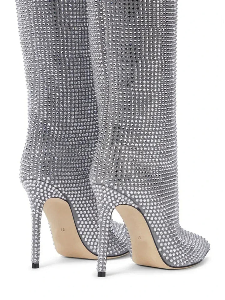 High Pointed Heel Boots with Sparkling Rhinestone Design - Josie
