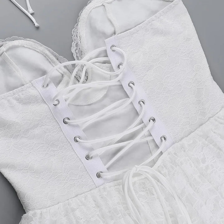 A-Line Lace Mini Dress with Neck Tie - El